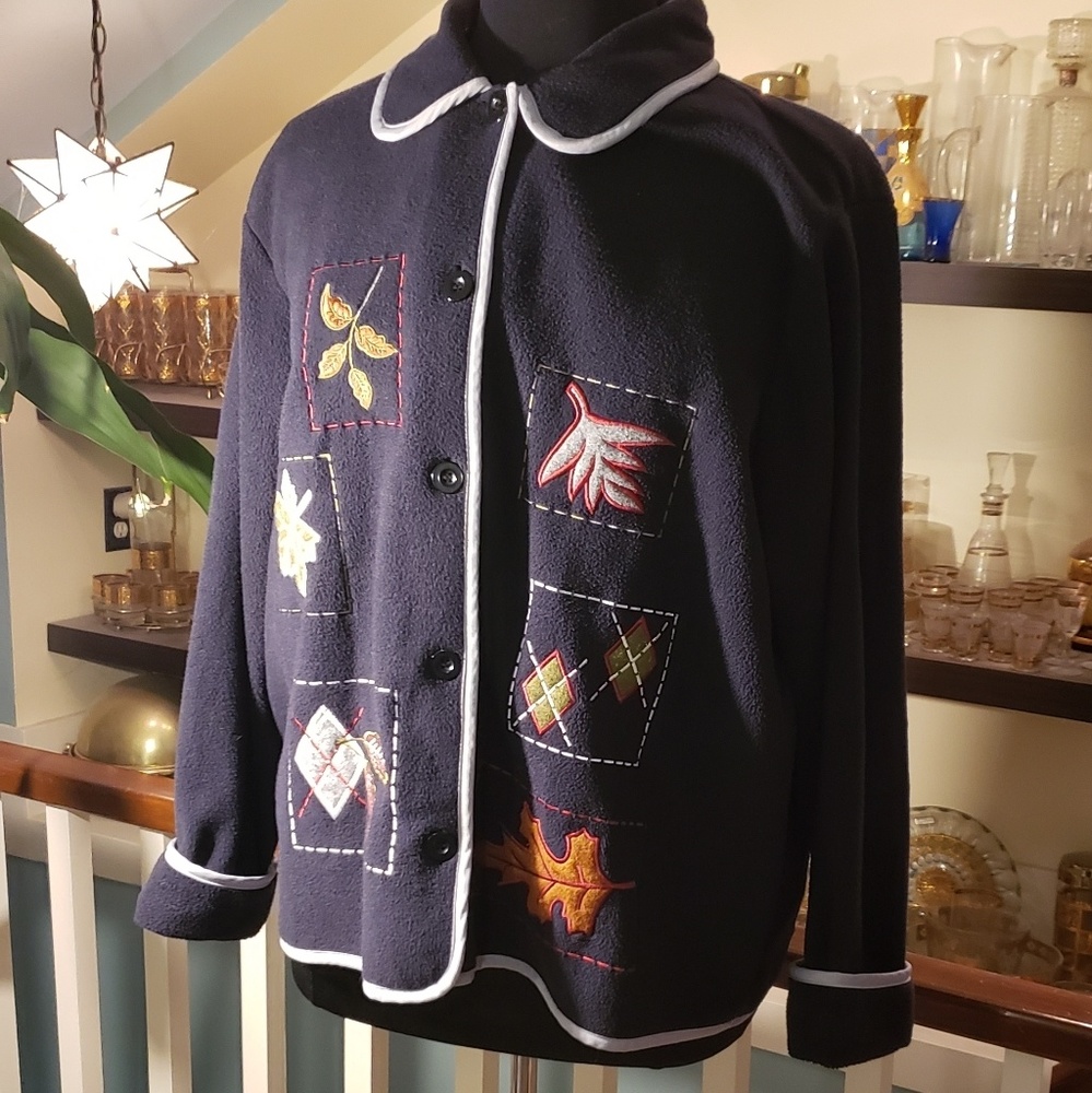 Womens Black Poly Fleece Jacket With Fall Leaves Design